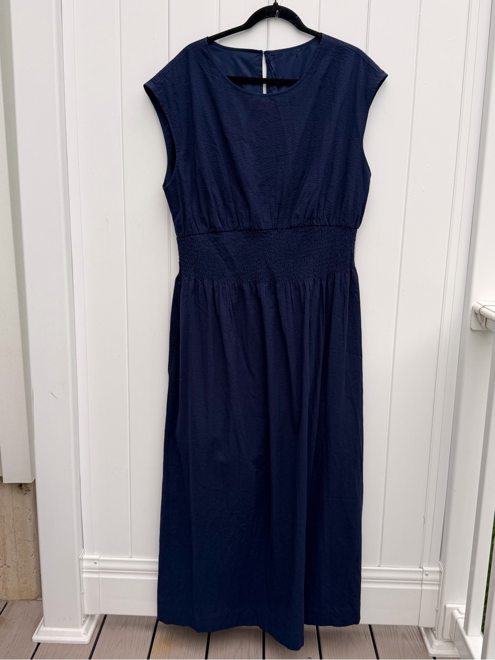 Navy Blue Textured Smocked Waist Midi Dress